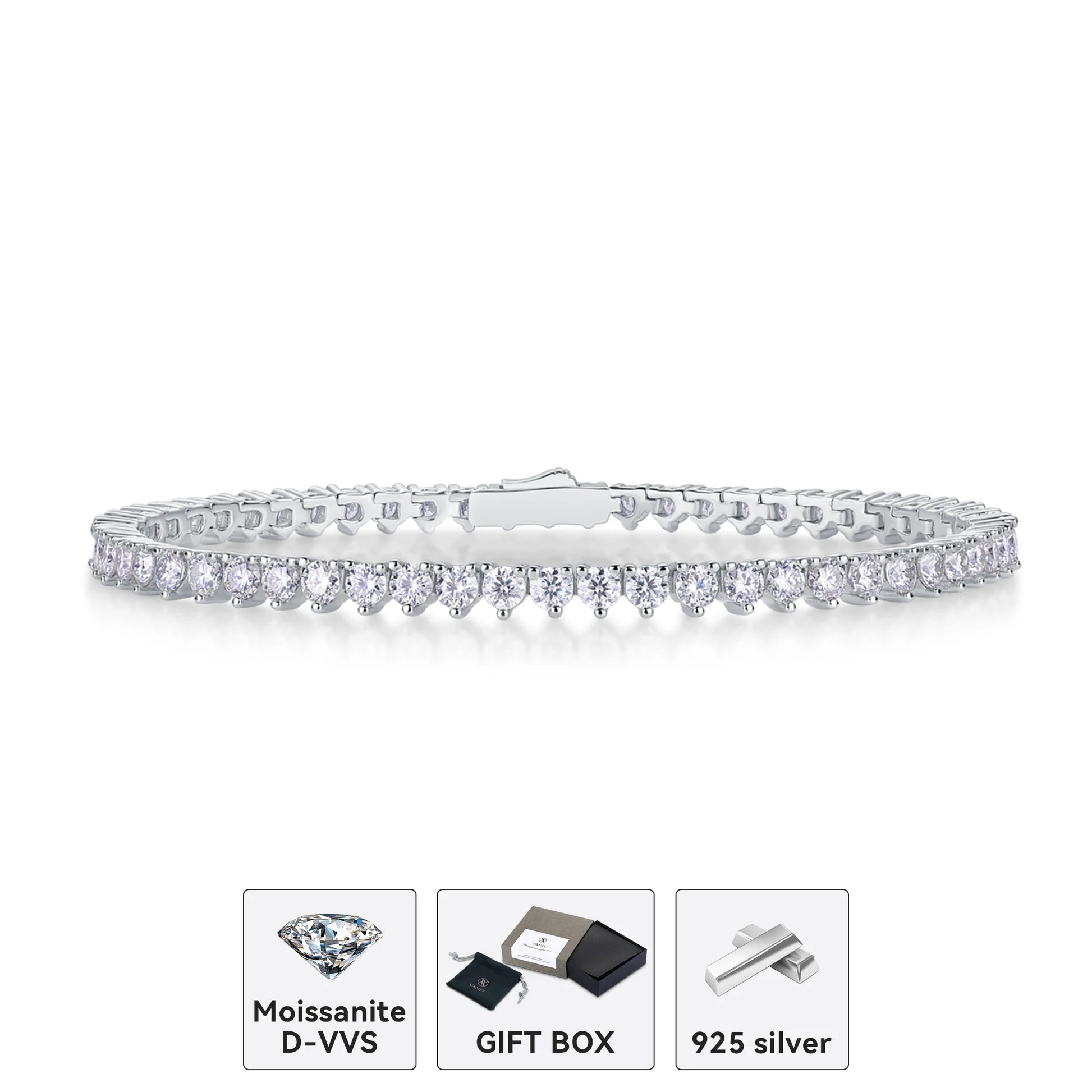 Kfvanfi Moissanite 3mm D VVS 925 Sterling Silver Classic Three Prong Women's Bracelet Men's Bracelet Tennis Chain Party Jewelry