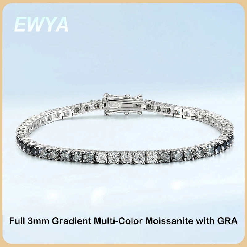 EWYA 3mm 0.1CT Gradient Color Black Grey White Moissanite Diamond Tennis Bracelet for Men Women Unisex 925 Silver Link Bracelets