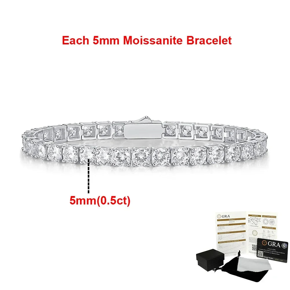 2-6.5mm Real Moissanite Tennis Bracelets for Women Man 925 Sterling Silver Plated White Gold Bracelet Sparkling Wedding Jewelry