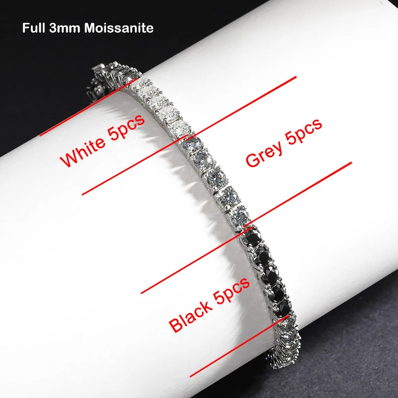 EWYA 3mm 0.1CT Gradient Color Black Grey White Moissanite Diamond Tennis Bracelet for Men Women Unisex 925 Silver Link Bracelets