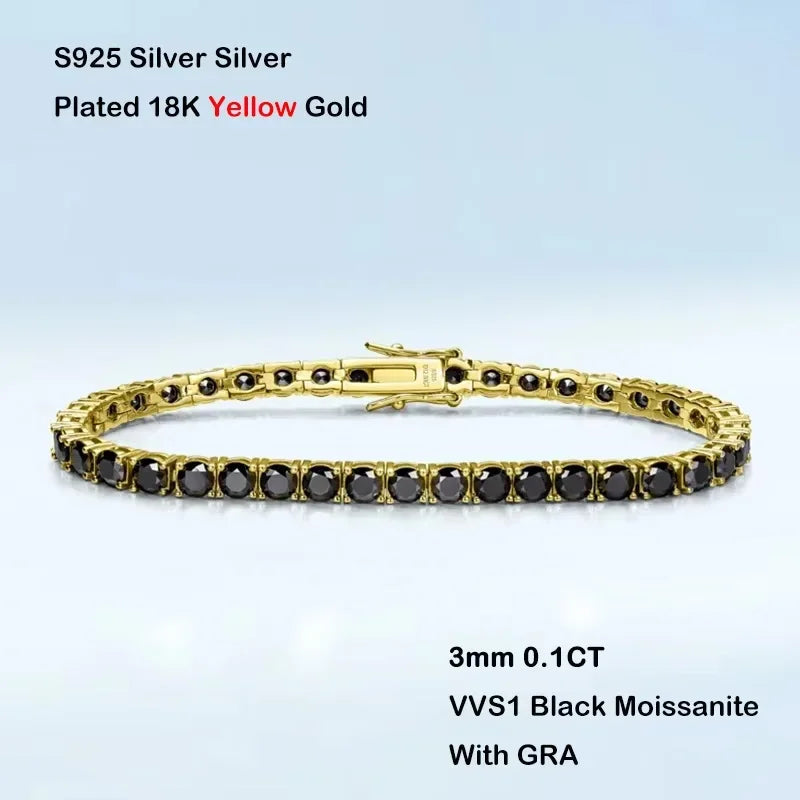 EWYA 3mm 0.1CT Gradient Color Black Grey White Moissanite Diamond Tennis Bracelet for Men Women Unisex 925 Silver Link Bracelets