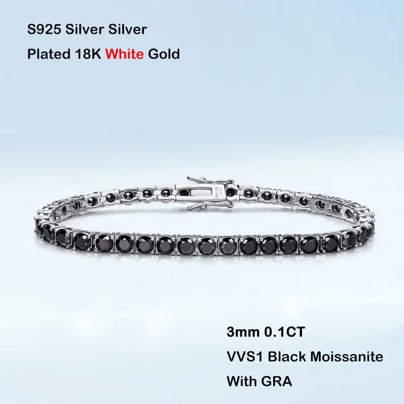 EWYA 3mm 0.1CT Gradient Color Black Grey White Moissanite Diamond Tennis Bracelet for Men Women Unisex 925 Silver Link Bracelets