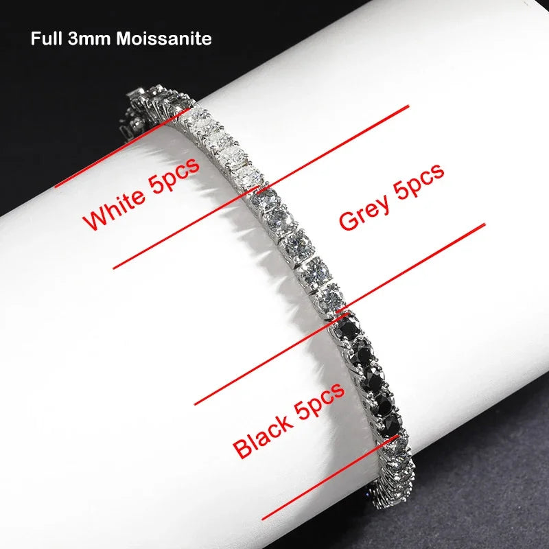 EWYA 3mm 0.1CT Gradient Color Black Grey White Moissanite Diamond Tennis Bracelet for Men Women Unisex 925 Silver Link Bracelets