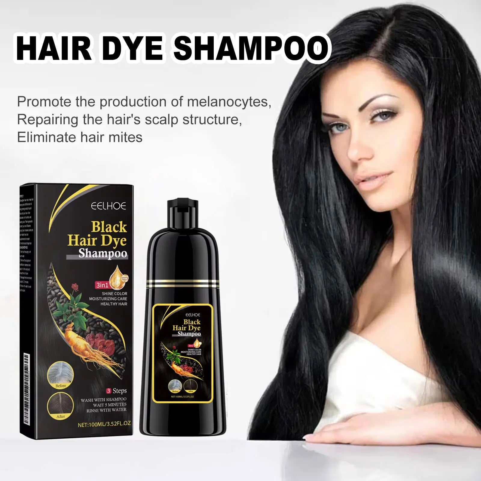 EELHOE Black Hair Dye Shampoo 3 in 1 Growth Clean Hair Darkening Deep Nourishing Black Hair Dye Shampoo Natural Organic Herbal