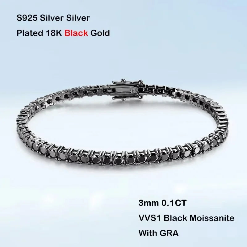 EWYA 3mm 0.1CT Gradient Color Black Grey White Moissanite Diamond Tennis Bracelet for Men Women Unisex 925 Silver Link Bracelets