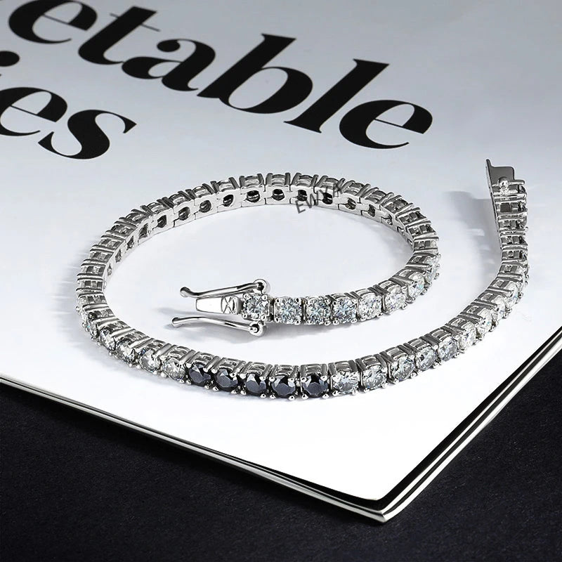 EWYA 3mm 0.1CT Gradient Color Black Grey White Moissanite Diamond Tennis Bracelet for Men Women Unisex 925 Silver Link Bracelets