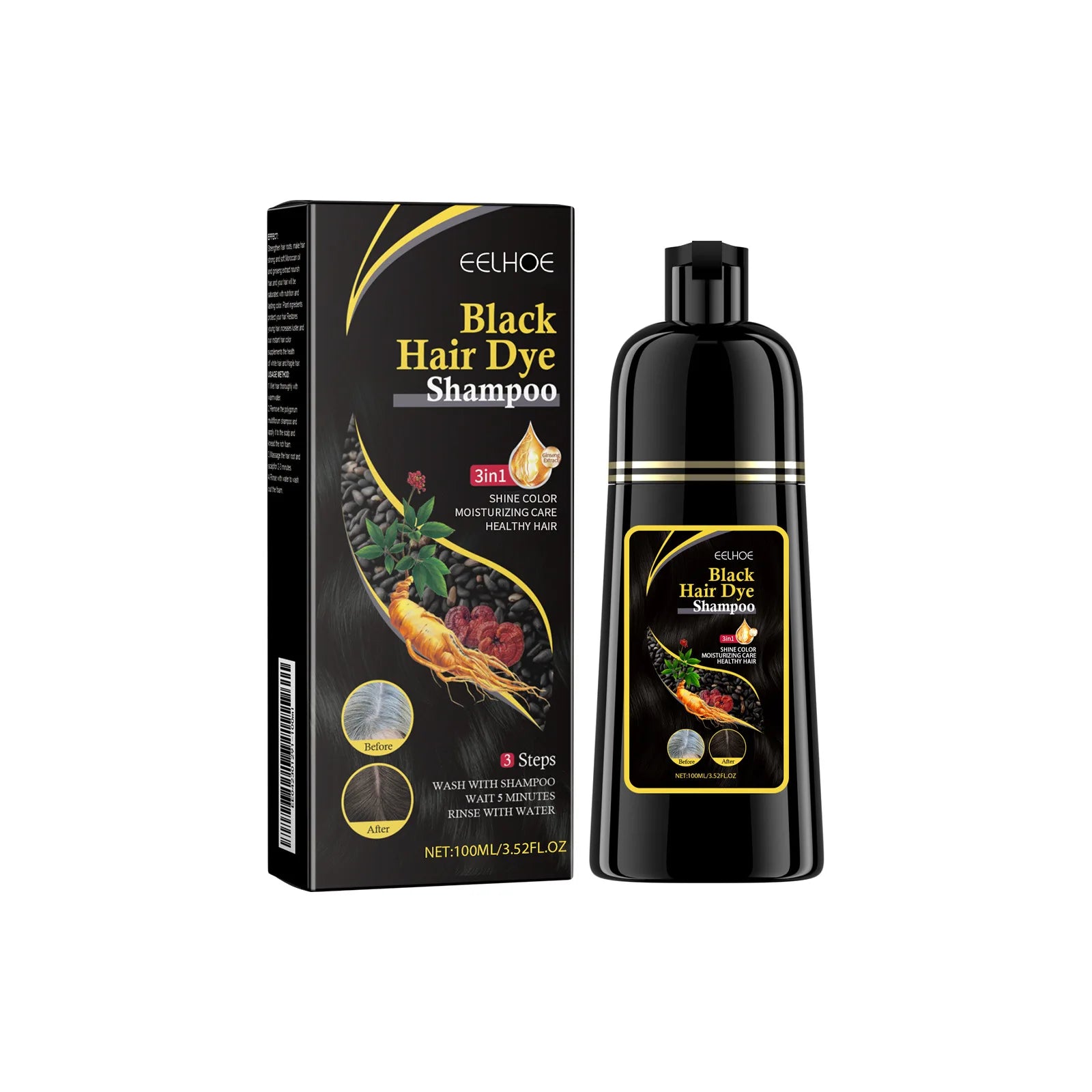 EELHOE Black Hair Dye Shampoo 3 in 1 Growth Clean Hair Darkening Deep Nourishing Black Hair Dye Shampoo Natural Organic Herbal