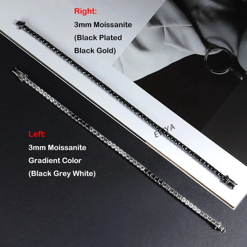 EWYA 3mm 0.1CT Gradient Color Black Grey White Moissanite Diamond Tennis Bracelet for Men Women Unisex 925 Silver Link Bracelets