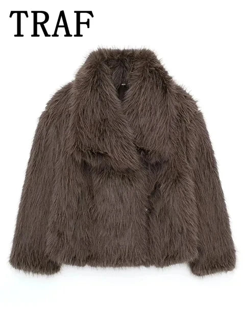 TRAFZA Women Fashion Cropped Faux Fur Jacket Coat Long Sleeve Front Snap-button Female Outerwear Chic Lapel Collar Thick Coat