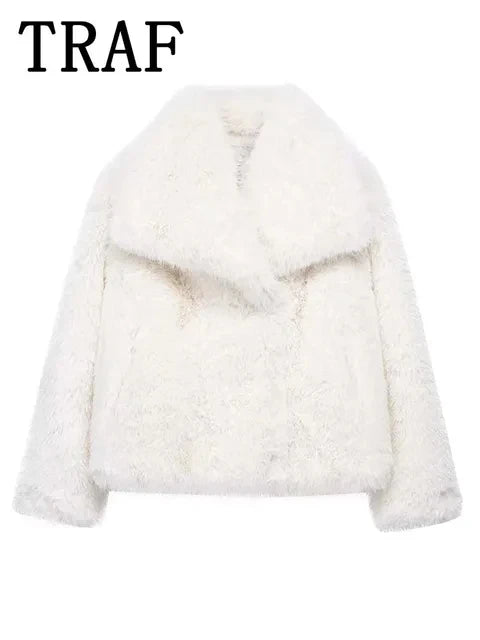 TRAFZA Women Fashion Cropped Faux Fur Jacket Coat Long Sleeve Front Snap-button Female Outerwear Chic Lapel Collar Thick Coat