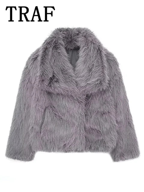 TRAFZA Women Fashion Cropped Faux Fur Jacket Coat Long Sleeve Front Snap-button Female Outerwear Chic Lapel Collar Thick Coat