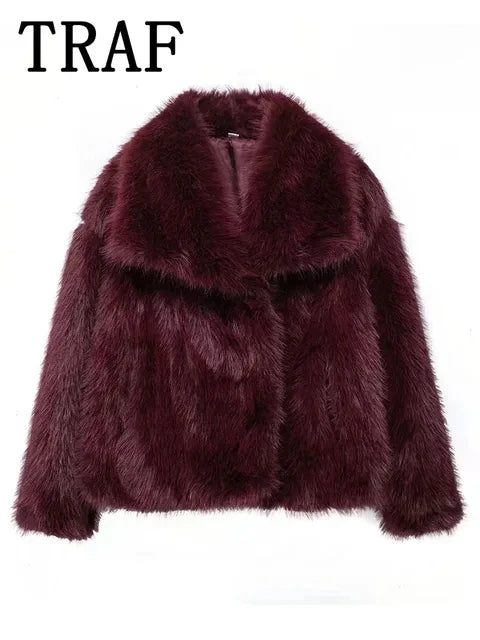 TRAFZA Women Fashion Cropped Faux Fur Jacket Coat Long Sleeve Front Snap-button Female Outerwear Chic Lapel Collar Thick Coat